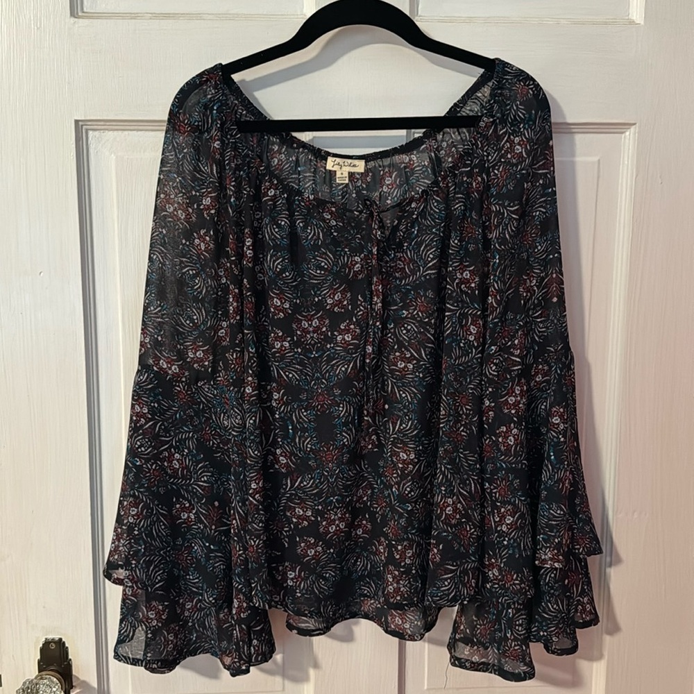 Lily White Long Sleeve Sheer Ruffled Boho Peasant Women's Top Size Small